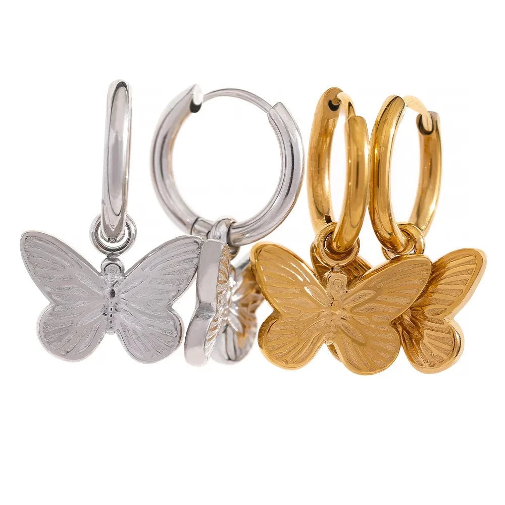 Golden + Silver | Butterfly Dangle Hoop Stainless Steel Earrings