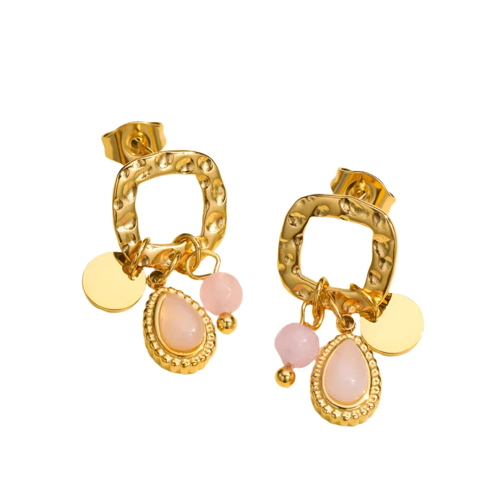 VAIGE Chic Pink Natural Stone Drop Earrings - 18K Gold Plated Stainless Steel, Geometric Design, Tarnish Free Fashion Jewelry