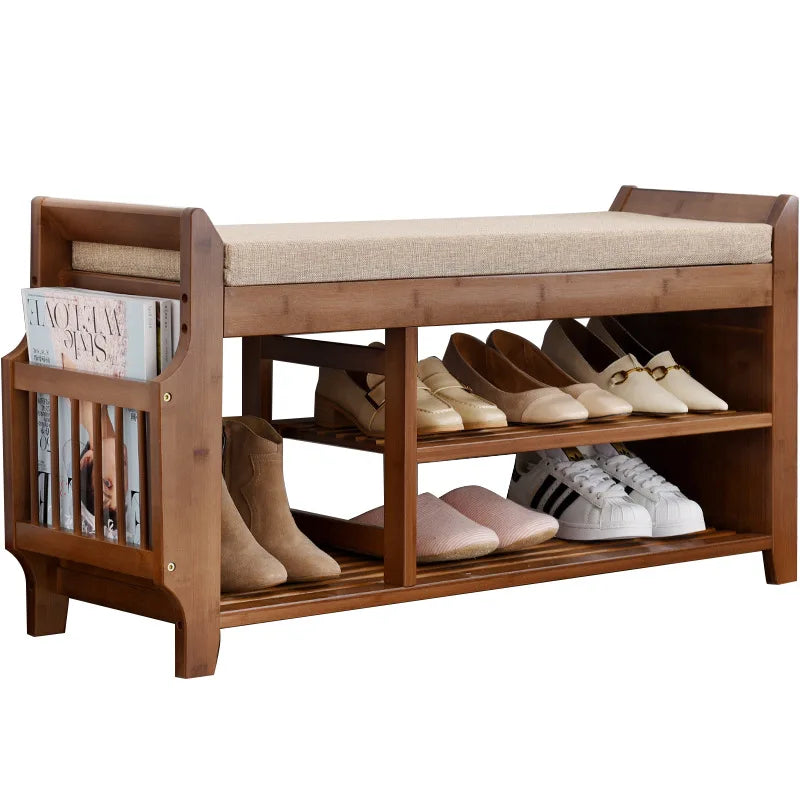 VAIGE Double Layer Cushioned Shoe Storage Bench - Wooden Living Room Organizer for Entryway and Hallway