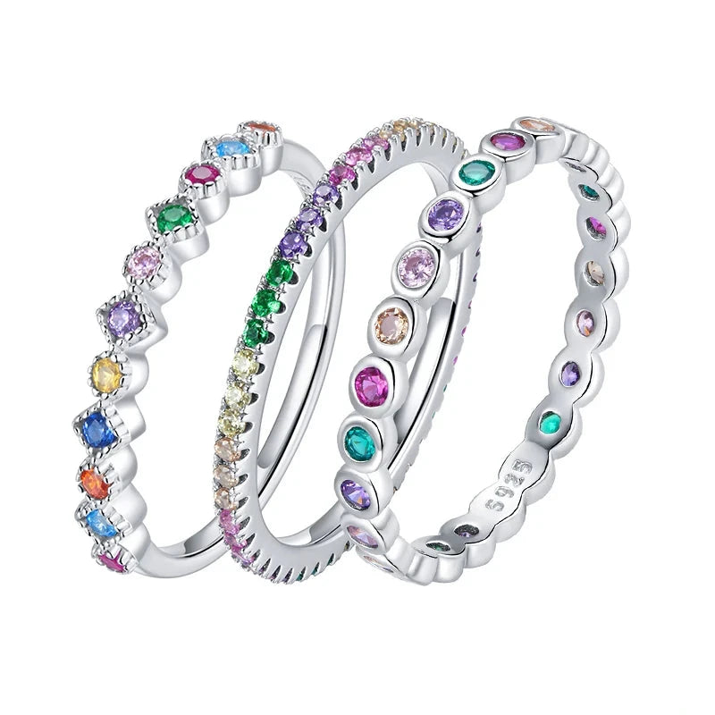 VAIGE 925 Sterling Silver Rainbow Zircon Ring with Dazzling CZ Stone - Customizable Engagement Jewelry Gift SCR714