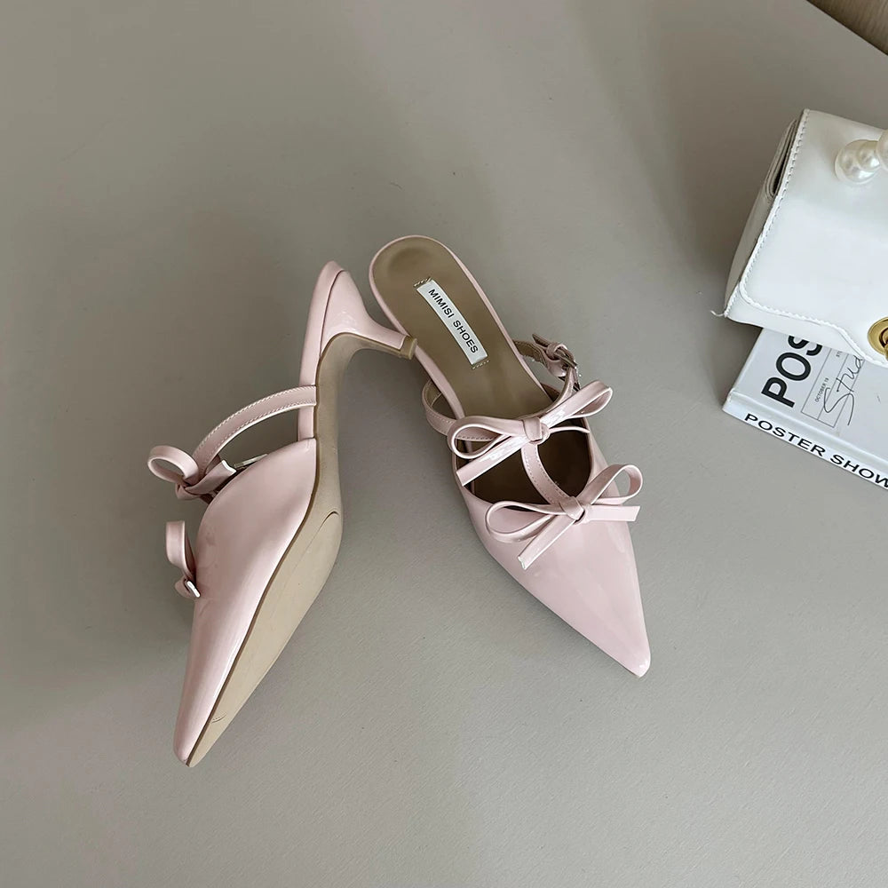 VAIGE Casual Slip-On Mules with Pointed Toe, Bow Design, Patent Leather Upper, Low Thin Heels, Available in Black, White, Pink, Sizes 35-39