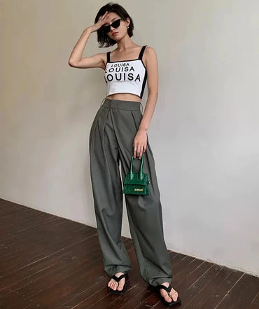 VAIGE Khaki Wide Leg Classic Baggy Trousers - High Waist Full Length Polyester Office Pants with Button and Pockets