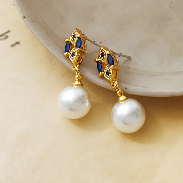 VAIGE Elegant Royal Blue Glass & Pearl Drop Earrings in 925 Sterling Silver