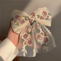 VAIGE Delicate Floral Lace Hair Bow in Ivory and Blush Pink