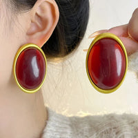 VAIGE Bold Vintage Red Geometric Resin Oval Stud Earrings - Large Statement Jewelry