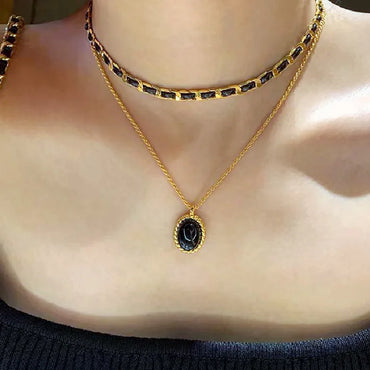 VAIGE Elegant Multilayered Black Oval Pendant Necklace