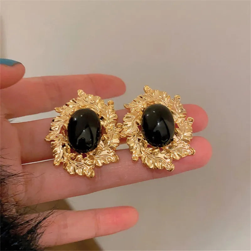 VAIGE Elegant Black Geometric Leaf Flower Stud Earrings