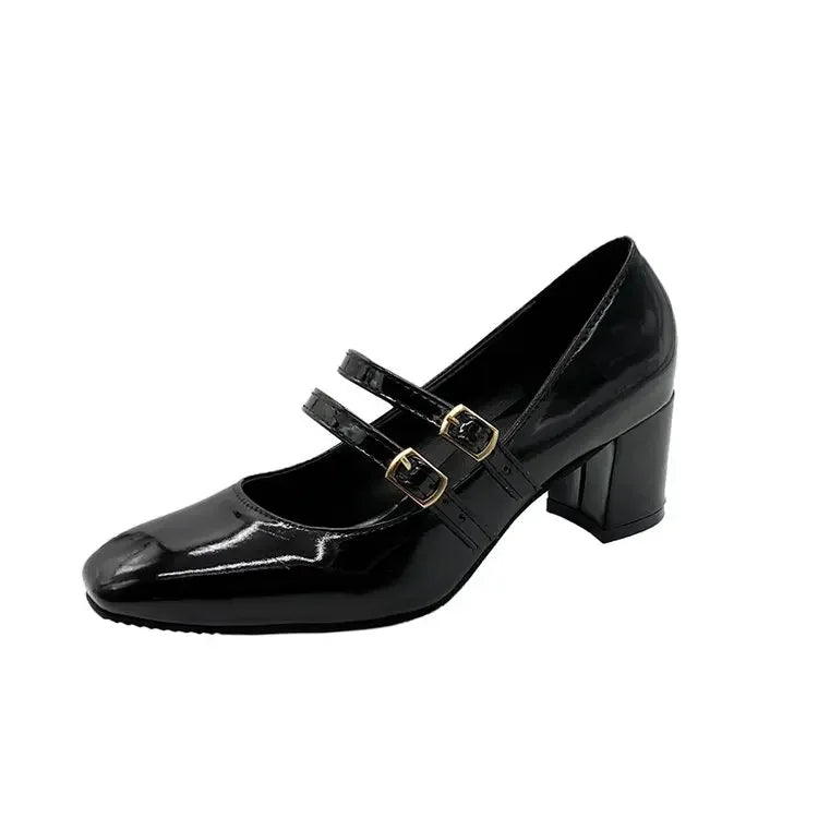 VAIGE Patent Leather Double Buckle Mary Janes with Square Toe and Heel - Solid Color Dress Pumps