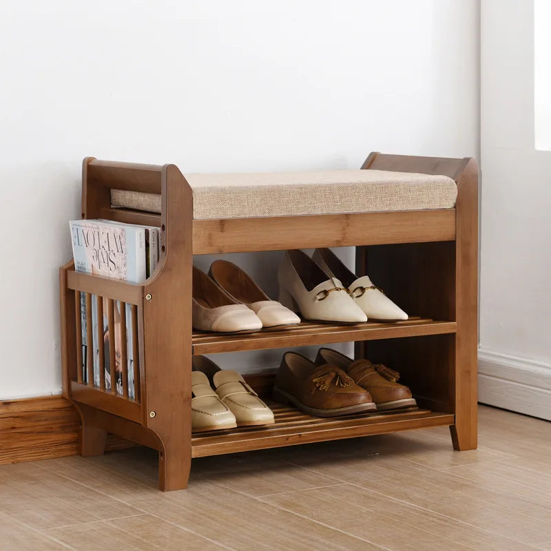 VAIGE Double Layer Cushioned Shoe Storage Bench - Wooden Living Room Organizer for Entryway and Hallway