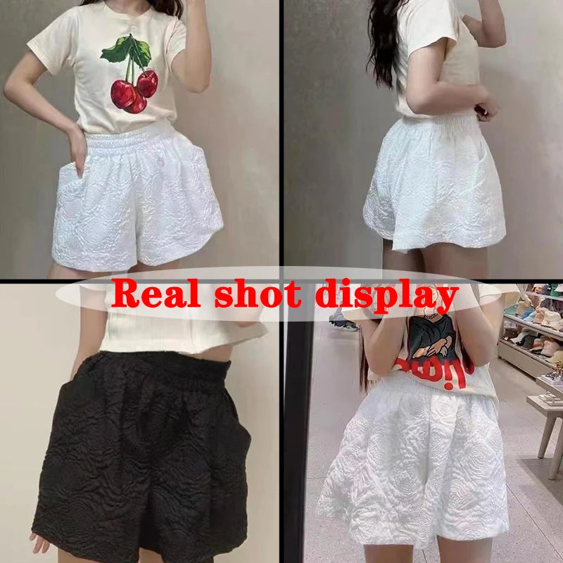 VAIGE Black White Jacquard Elastic High Waist Shorts with Pockets - Wide Leg Casual Sports Half Pants in Sizes S-XXL