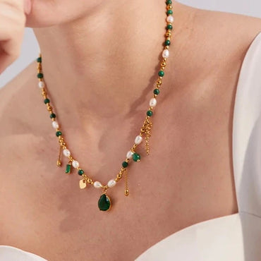 VAIGE Emerald Elegance Beaded Necklace with Natural Pearl and Gold-Plated Stainless Steel