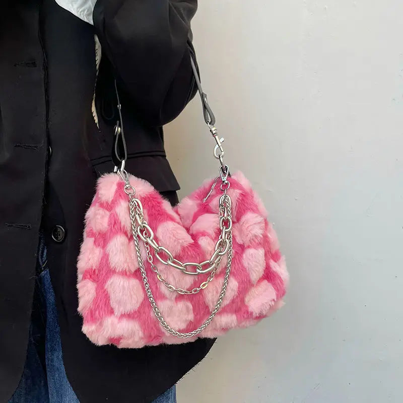 VAIGE Plush Pink Heart Pattern Crossbody Bag with Chain Strap and Zipper Closure