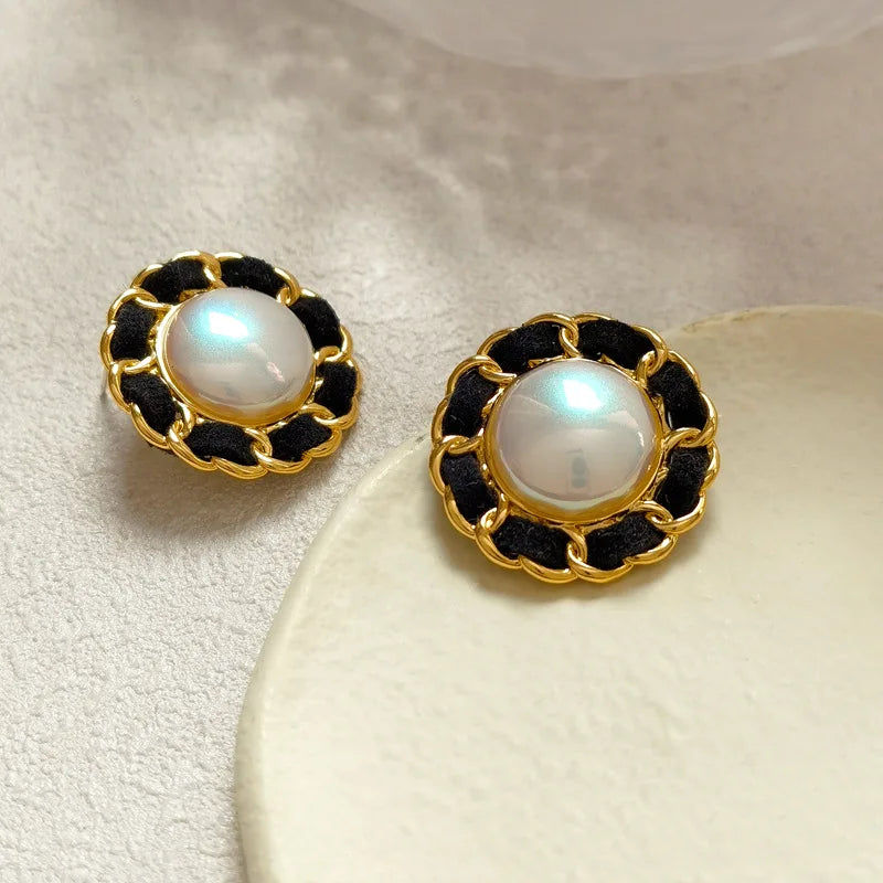 VAIGE Vintage Pearl Enamel Stud Earrings in Black and Gold