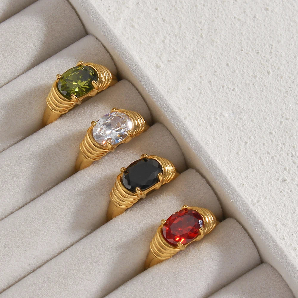 VAIGE Bold Gemstone Chunky Gold Stainless Steel Ring in Oval Green, Red, Black, and White