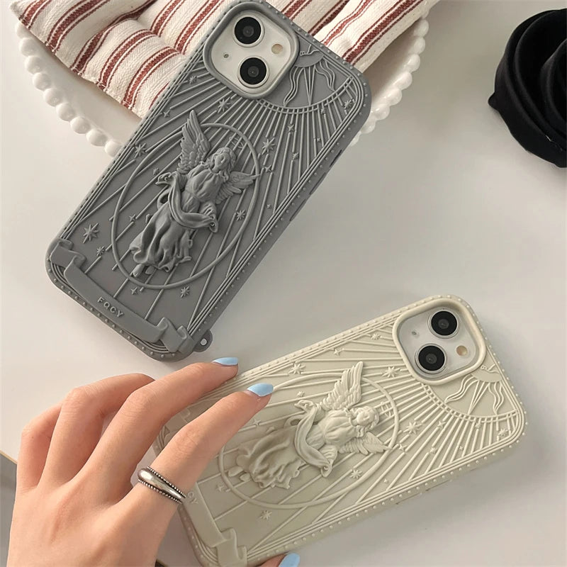 VAIGE Vintage Angel Statue 3D Phone Case for iPhone Pro Max Series - Soft Silicone Anti-Drop Shockproof Back Cover in Creamy/Grey with Luxury Protection Features