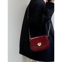 VAIGE Retro Red Patent Leather Love Heart Messenger Bag with Chain - Small Saddle Shoulder Handbag