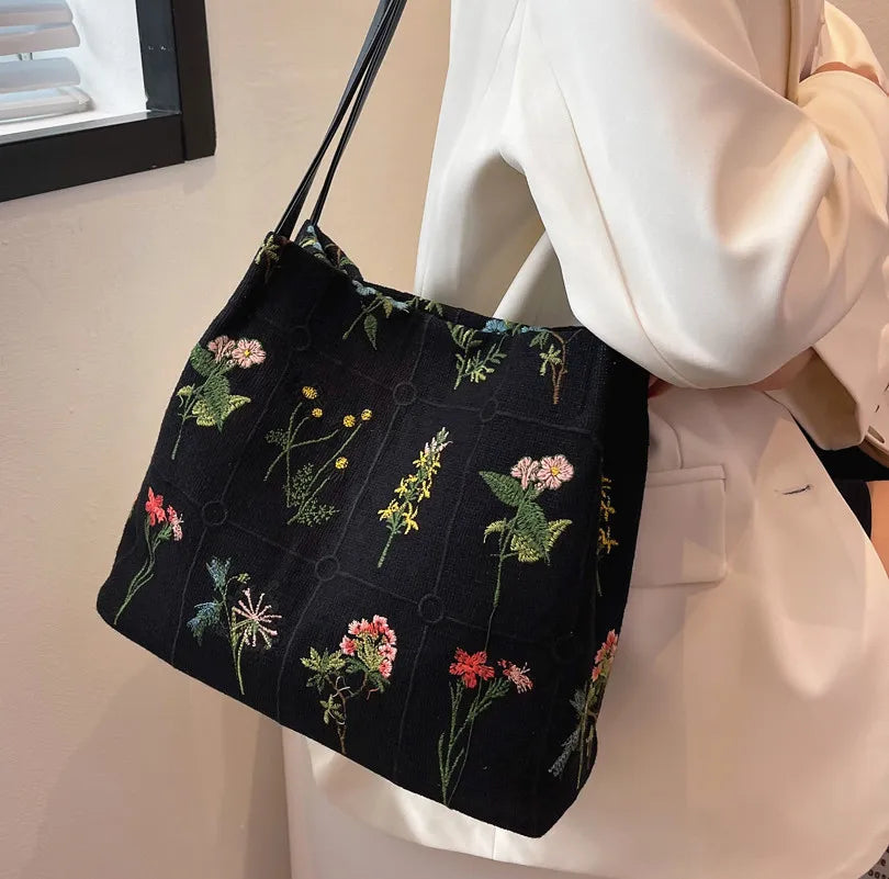 VAIGE Gianna Vintage Charm Black Floral Embroidered Tote Bag