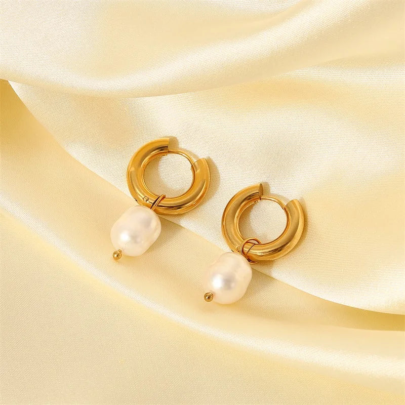 VAIGE Trendy Stainless Steel Gold Plated Drop Earrings with Freshwater Pearl Pendants - Simple Geometric Design for Parties