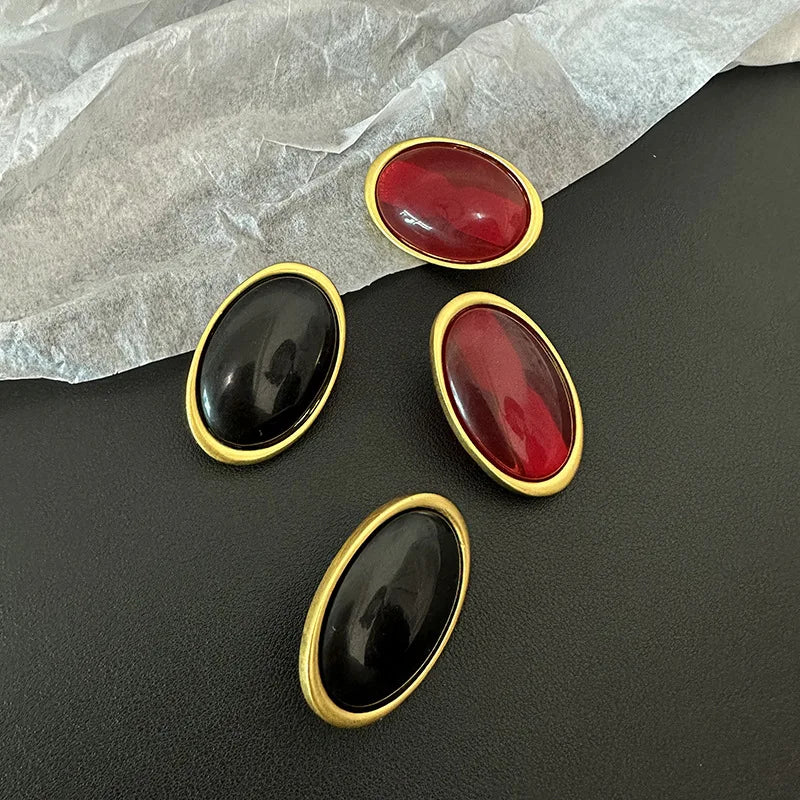 VAIGE Bold Vintage Red Geometric Resin Oval Stud Earrings - Large Statement Jewelry