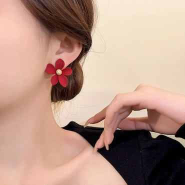 VAIGE Asymmetric Red Flower Tassel Drop Earrings – Classic Copper Alloy Jewelry with Elegant Floral Design