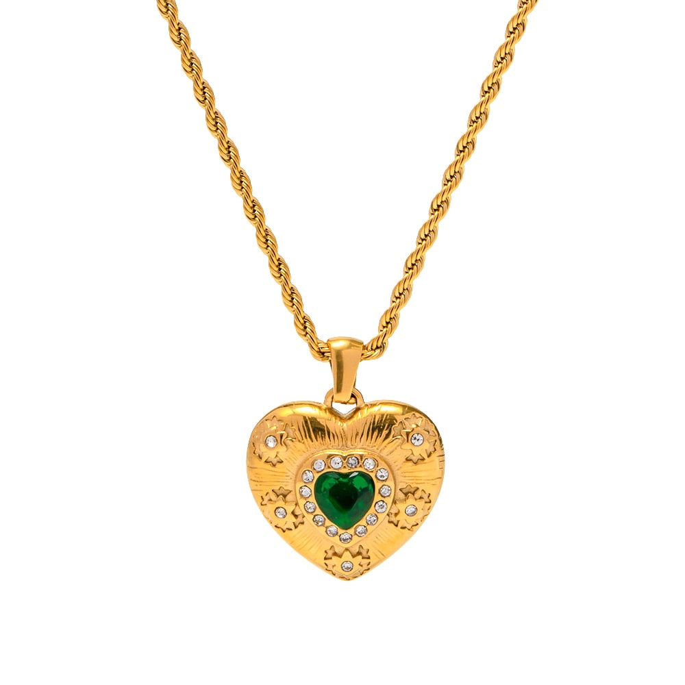Green Gem Engraved Heart Necklace