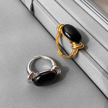 VAIGE Elegant Silver and Gold Oval Black Zirconia Ring