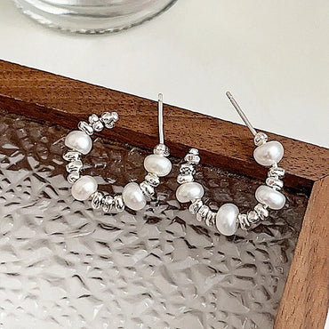 pearl C-shaped open hoop bead silver earrings small
