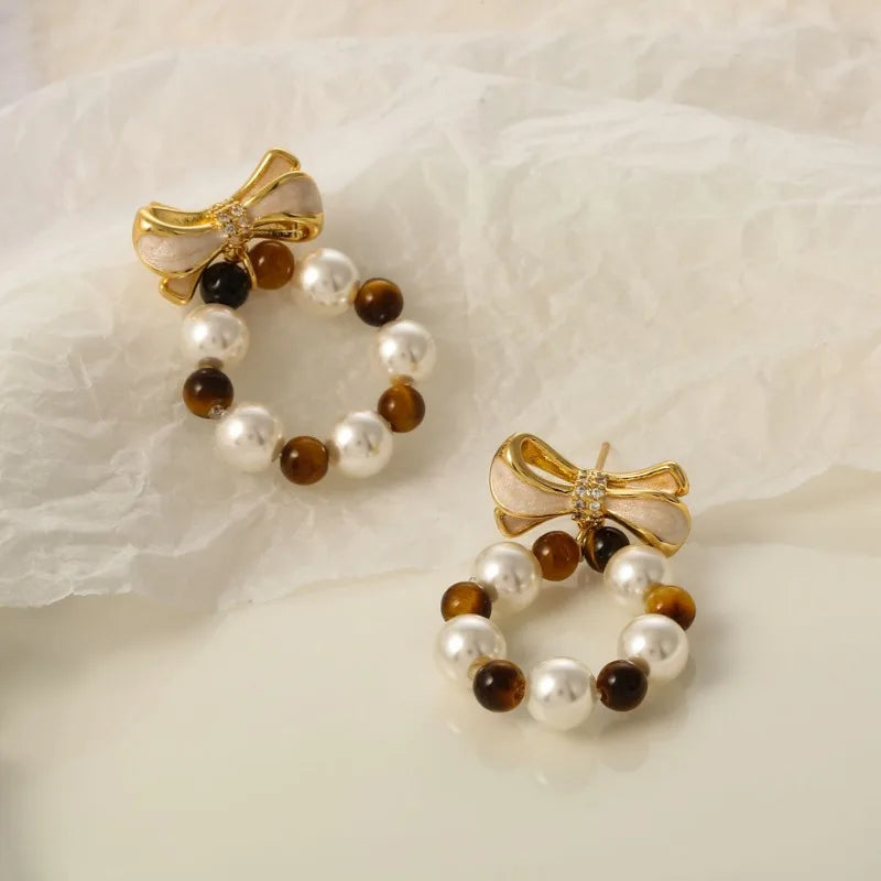 VAIGE Chic Bow Knot Beaded Drop Earrings in Elegant Gold and Silver