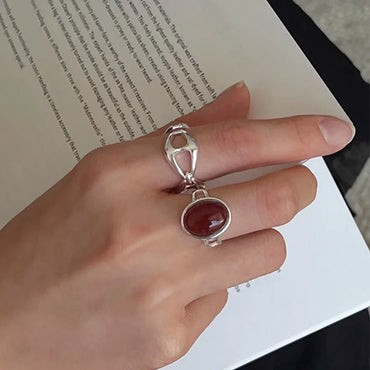 VAIGE Irregular Geometric Silver Ring with Striking Red Stone