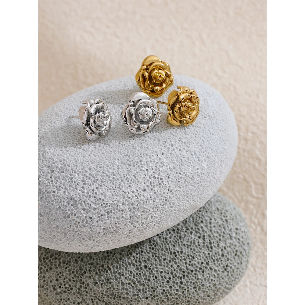 VAIGE   Stainless Steel Rose Flower Waterproof Daily Stud Earrings Stylish Texture Gold Color Plated Jewelry Bijoux