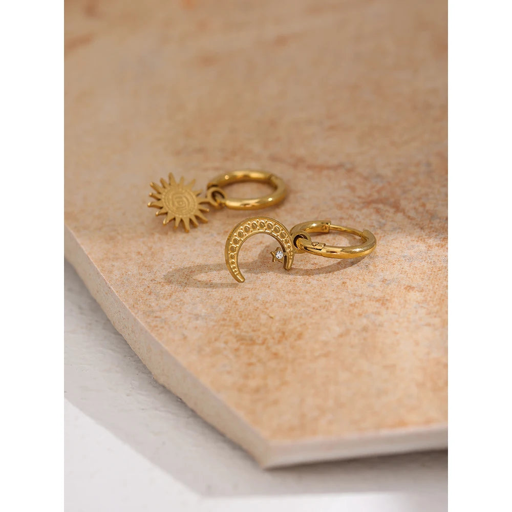 VAIGE Celestial Gold Plated Huggie Hoop Earrings with Star & Moon Design in Stainless Steel