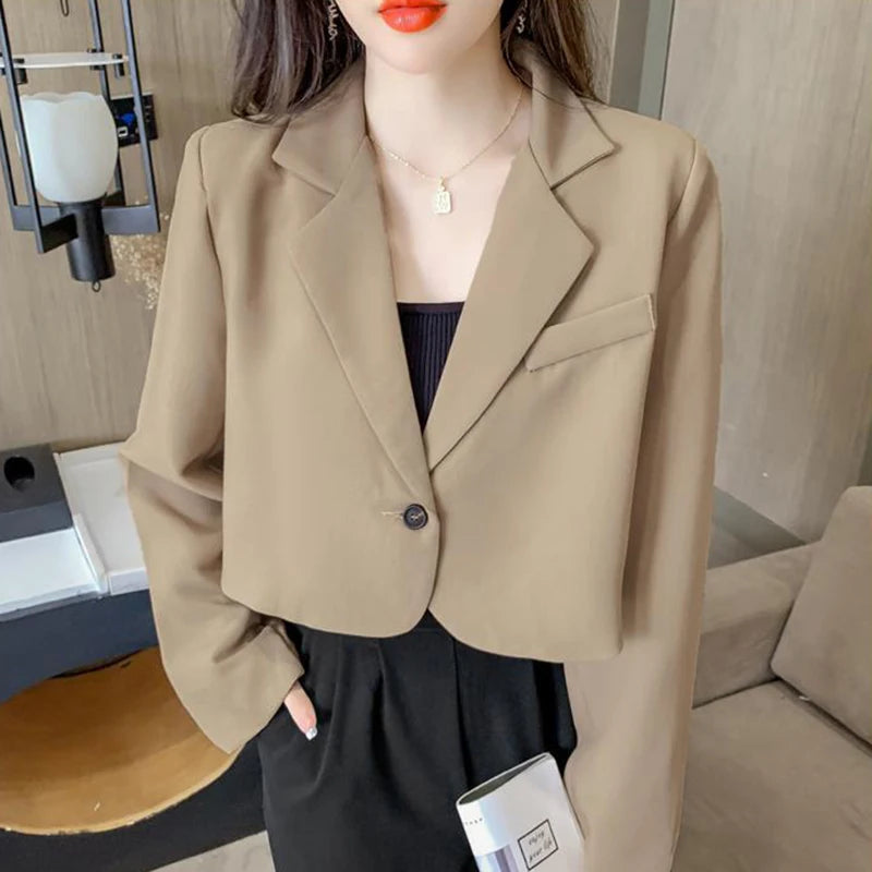 VAIGE Solid Color Cropped Blazer with Single Button Closure, Available in Black, Khaki, Beige, and Coffee - Office Suit Jacket in Sizes S, M, L, XL