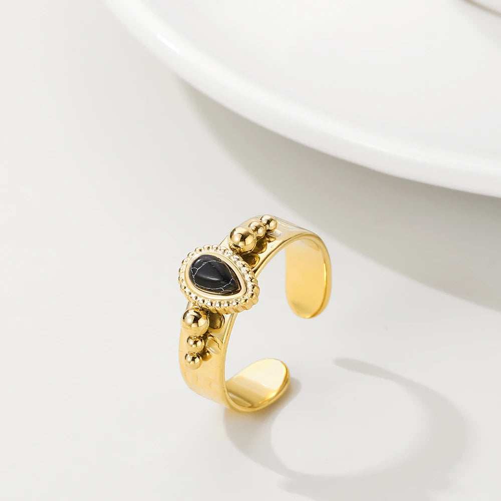 VAIGE Adjustable Black Natural Stone & Gold Stainless Steel Henley Ring