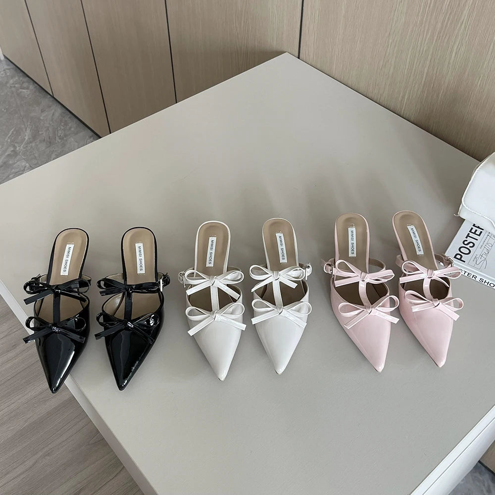 VAIGE Casual Slip-On Mules with Pointed Toe, Bow Design, Patent Leather Upper, Low Thin Heels, Available in Black, White, Pink, Sizes 35-39