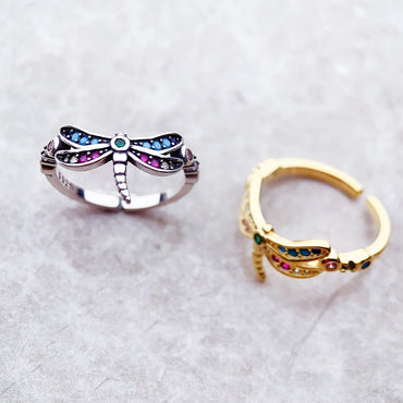 VAIGE Enchanted Dragonfly Ring in Gold and Silver with Colorful Zircon Stones - 925 Sterling Silver