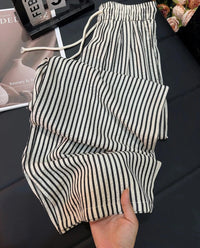 VAIGE Black and White Striped Loose Wide Leg Pants for Spring Summer Casual Wear, Full Length Elastic Waist Sweatpants in Polyester