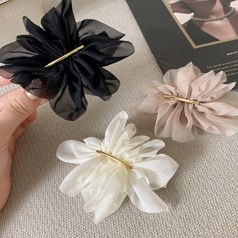 VAIGE. Large Metal Chiffon Flower Hair Claw Clips - Stylish Ponytail Holder Hairpins in Black, Beige, and Light Brown