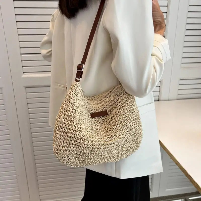 VAIGE Chic Woven Straw Crossbody Bag in Tan - Stylish Summer Shoulder Handbag