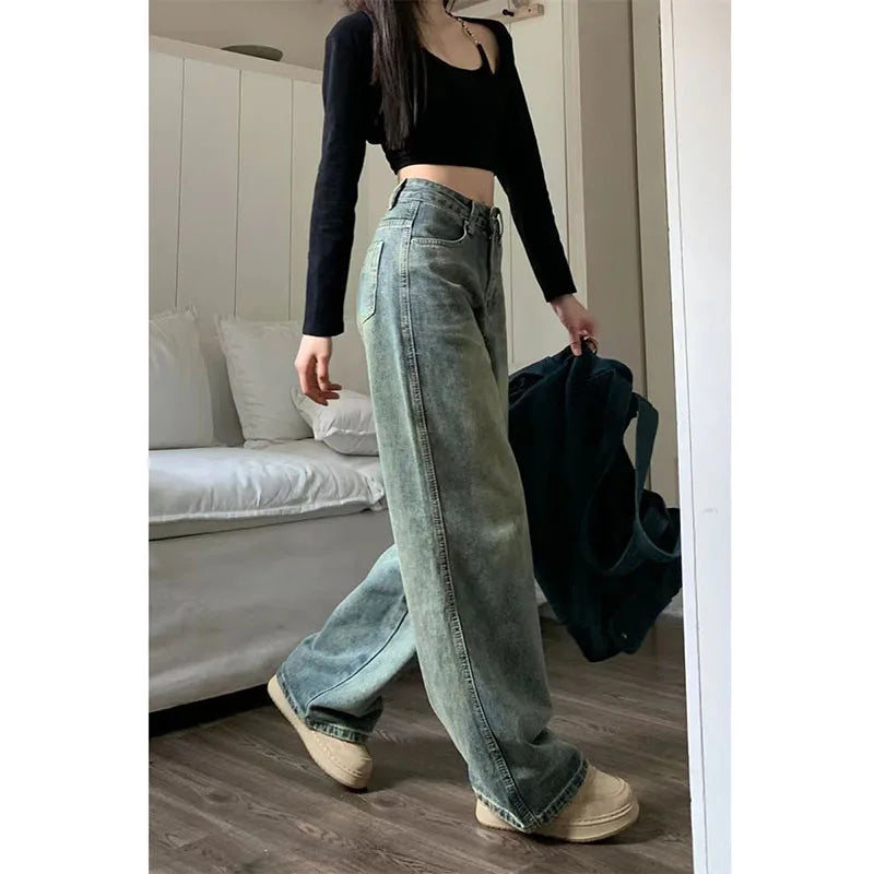 VAIGE Vintage Baggy Straight Denim Trousers High Waist Loose Wide Leg Jeans All-Match Casual Pants in Blue, Available in S/M/L/XL/XXL