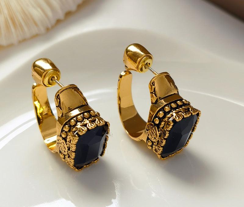 VAIGE Vintage Copper Black Glass Studs for Women