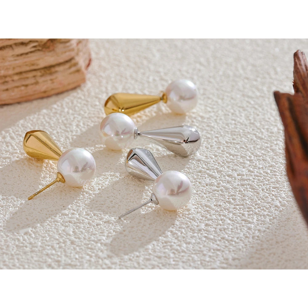Pearls Round Teardrop Stud Stainless Steel Earrings