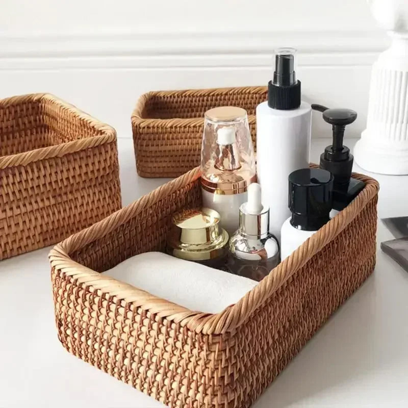 VAIGE Handwoven Rectangular Wicker Basket for Fruits, Snacks, and Cosmetics - Eco-Friendly Rattan Storage Solution for Kitchen and Home Organization