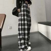 VAIGE Black and White Plaid Loose Straight Wide Leg Trousers - Casual Summer Pants with Drawstring Closure, Available in S/M/L/XL/XXL/XXXL/4XL, Made from Polyester