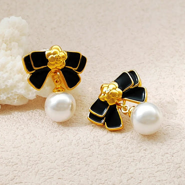 VAIGE Elegant Black Enamel Bowknot Pearl Drop Earrings in 925 Silver