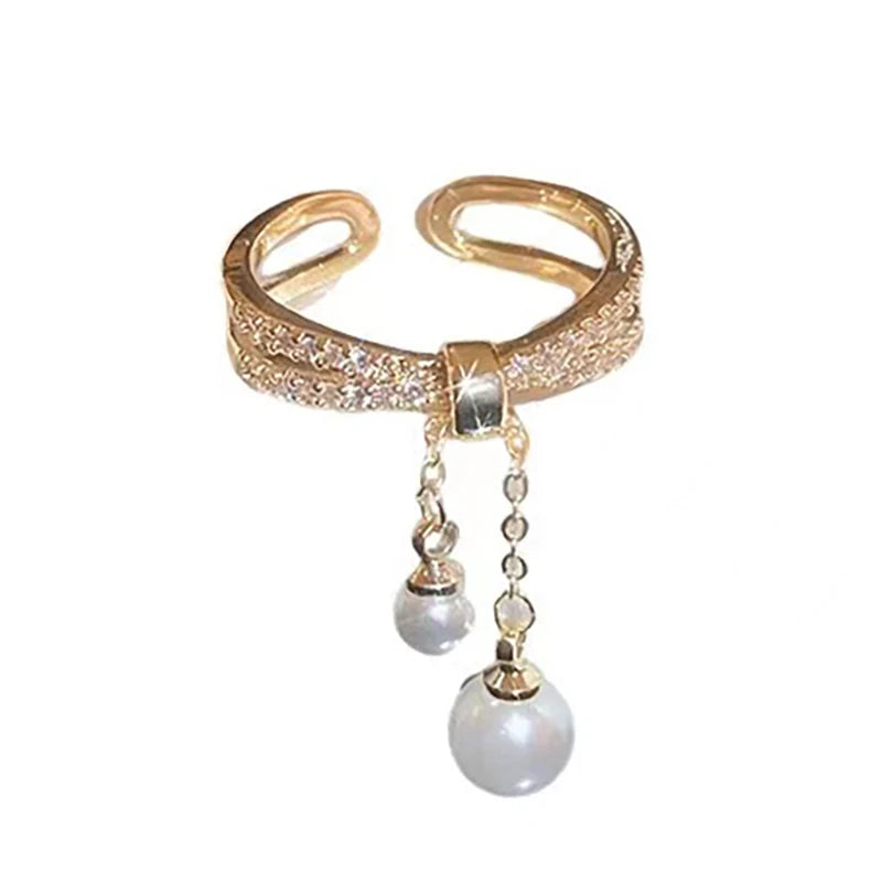 VAIGE Unique Pearl Tassel Gold Open Ring - Exquisite Geometric Design Fashion Jewelry with Pave Setting