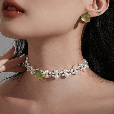 Green stone double layered pearl choker necklace gold earrings