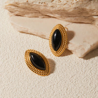 VAIGE Trendy Gold Plated Stainless Steel Onyx Horse Eye Stud Earrings - Shiny Fashion Jewelry Gift