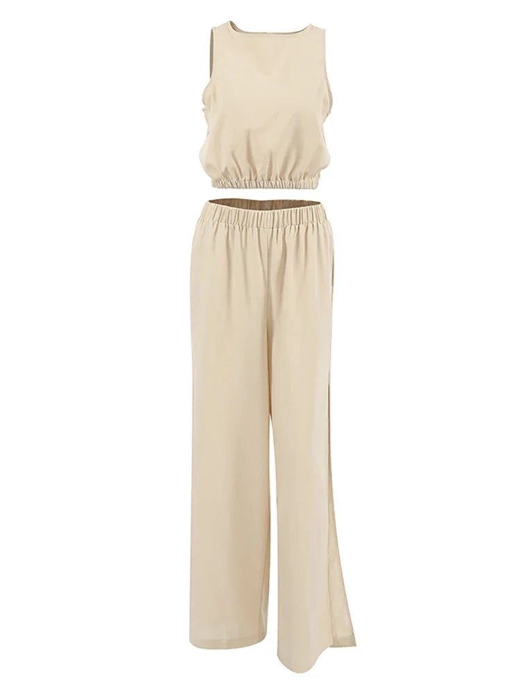 VAIGE Cotton Linen Khaki Two-Piece Set with Sleeveless Top and Wide Leg Pants for Summer Office Wear