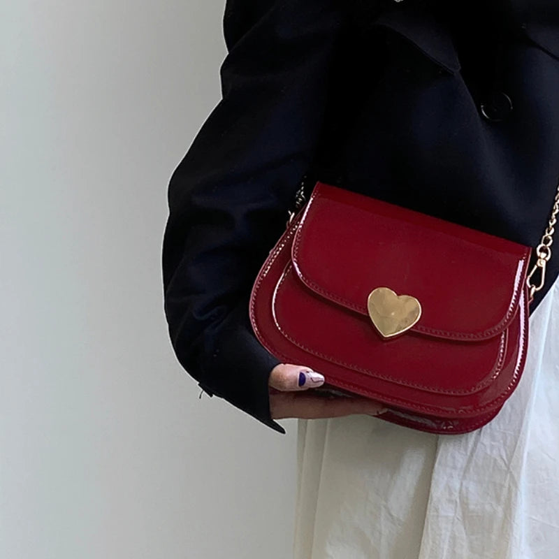 VAIGE Retro Red Patent Leather Love Heart Messenger Bag with Chain - Small Saddle Shoulder Handbag