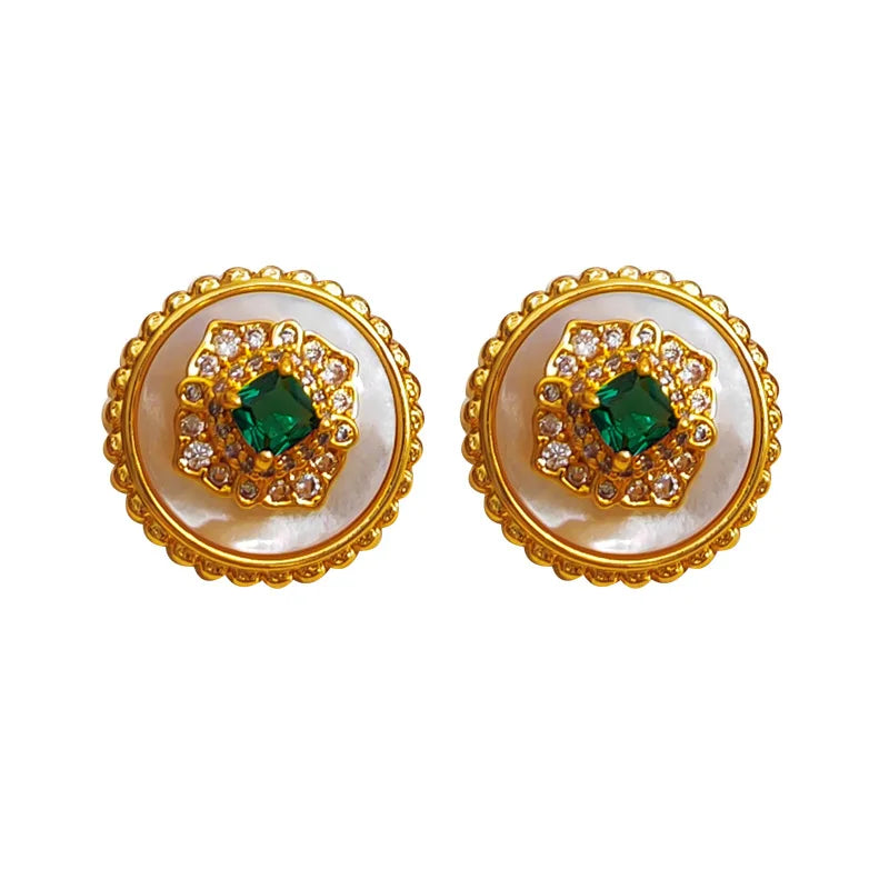 VAIGE Elegant Vintage Green Zircon Gold Earrings in Sterling Silver - Square Circle Design